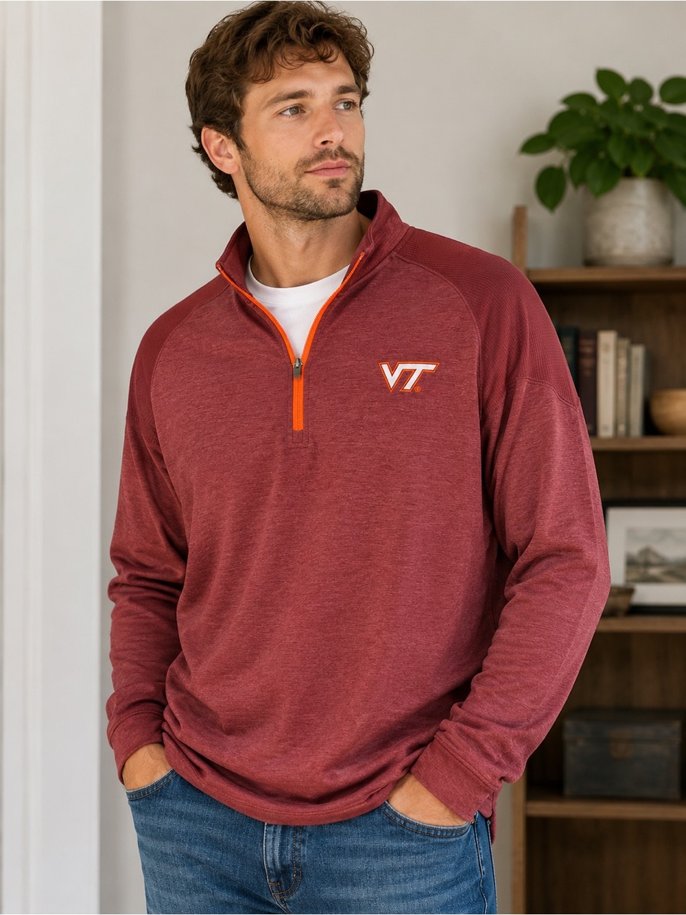 VA Tech Champion Maroon Quarter-Zip with Orange Zipper Accent